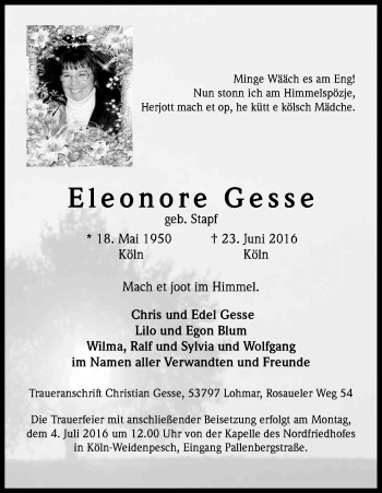 Anzeige von Eleonore Gesse von Kölner Stadt-Anzeiger / Kölnische Rundschau / Express