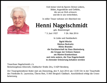 Anzeige von Henni Nagelschmidt von Kölner Stadt-Anzeiger / Kölnische Rundschau / Express