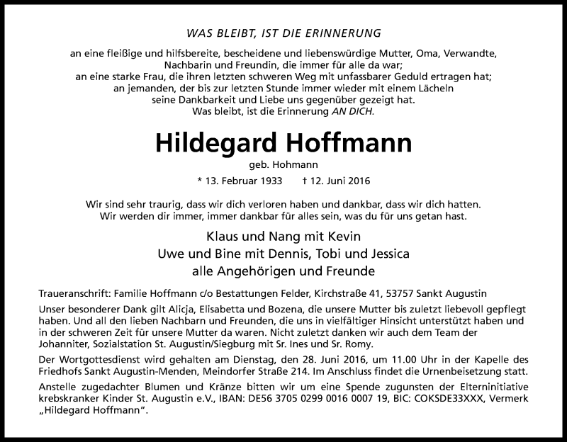  Traueranzeige für Hildegard Hoffmann vom 18.06.2016 aus Kölner Stadt-Anzeiger / Kölnische Rundschau / Express