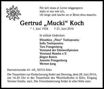 Anzeige von Gertrud  Koch von Kölner Stadt-Anzeiger / Kölnische Rundschau / Express