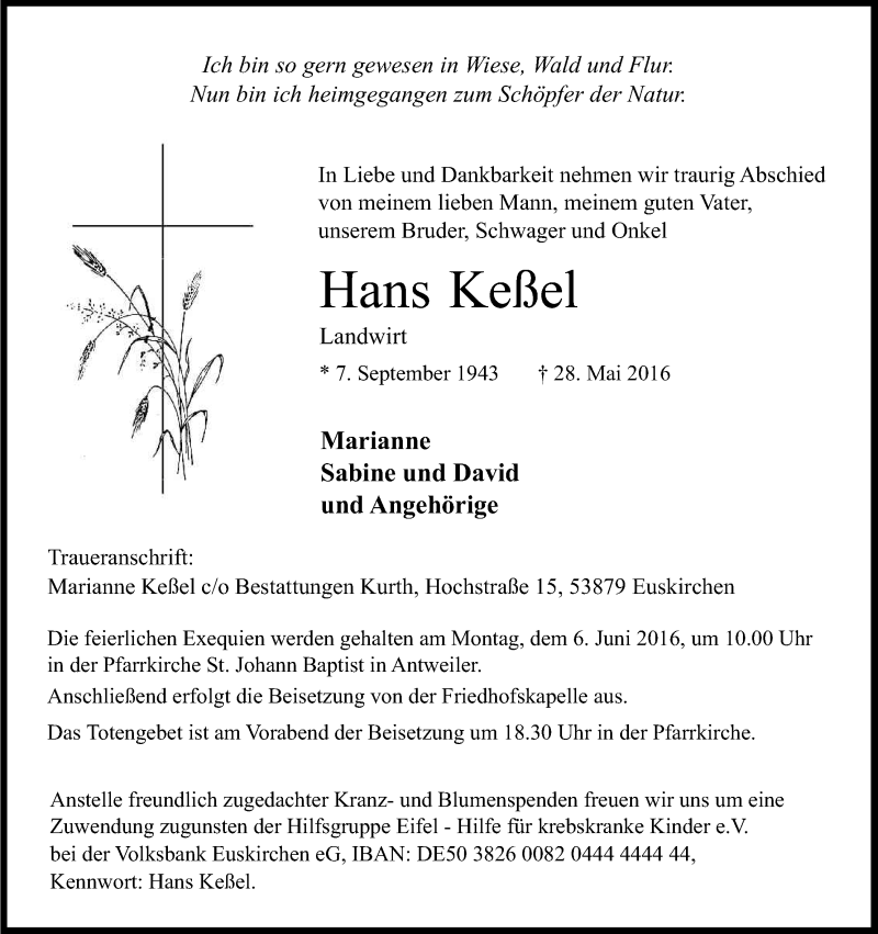  Traueranzeige für Hans Keßel vom 02.06.2016 aus Kölner Stadt-Anzeiger / Kölnische Rundschau / Express