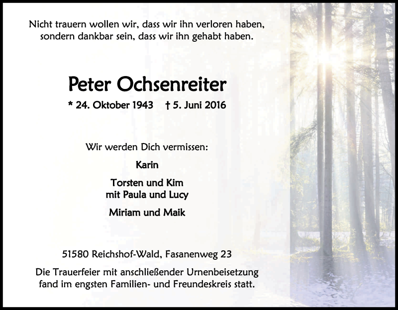  Traueranzeige für Georg Peter Ochsenreiter vom 11.06.2016 aus Kölner Stadt-Anzeiger / Kölnische Rundschau / Express