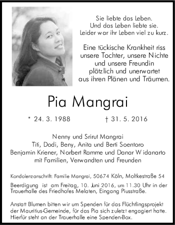 Anzeige von Pia Mangrai von Kölner Stadt-Anzeiger / Kölnische Rundschau / Express