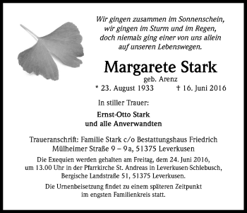 Anzeige von Margarete Stark von Kölner Stadt-Anzeiger / Kölnische Rundschau / Express
