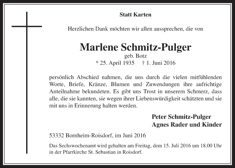  Traueranzeige für Marlene Schmitz-Pulger vom 29.06.2016 aus  Schaufenster/Blickpunkt 