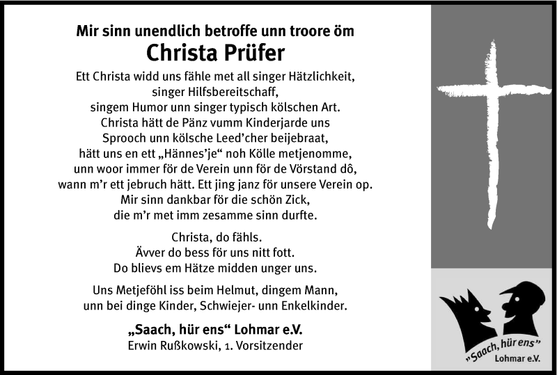  Traueranzeige für Christa Prüfer vom 11.06.2016 aus Kölner Stadt-Anzeiger / Kölnische Rundschau / Express
