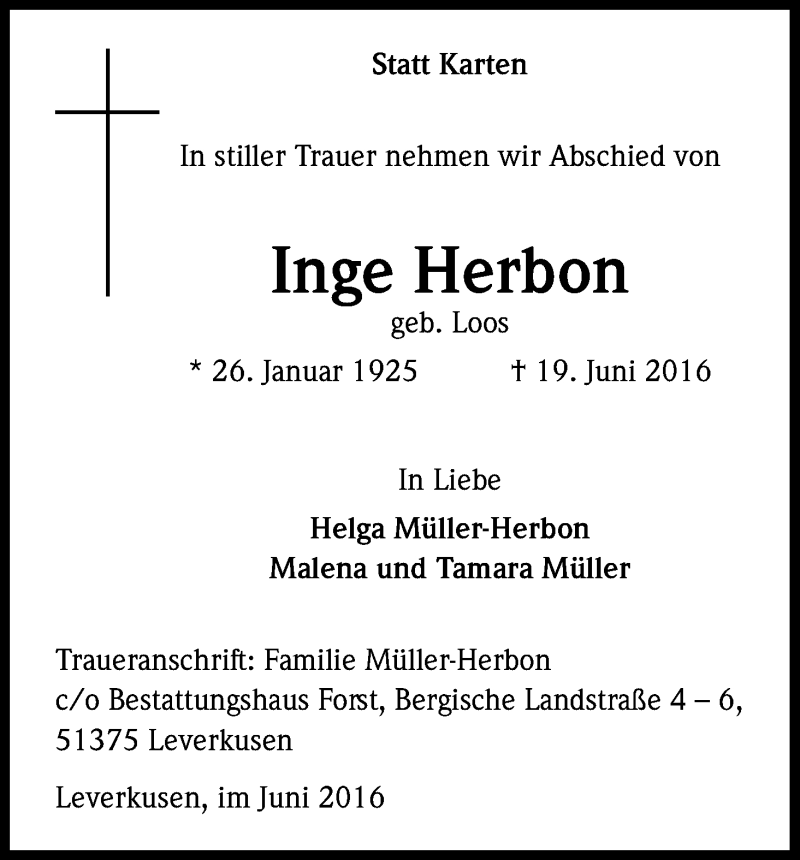  Traueranzeige für Inge Herbon vom 25.06.2016 aus Kölner Stadt-Anzeiger / Kölnische Rundschau / Express