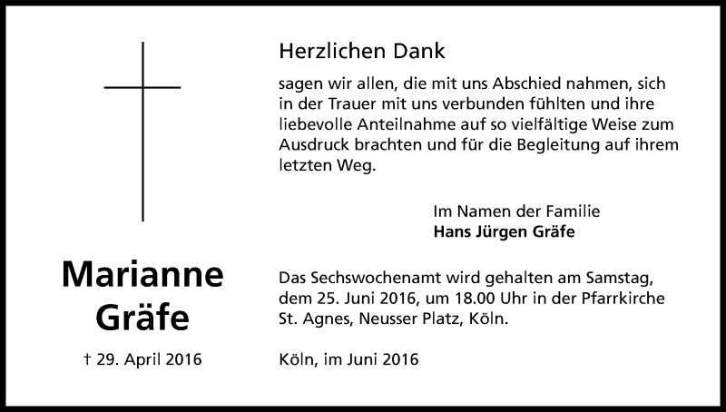  Traueranzeige für Marianne Gräfe vom 18.06.2016 aus Kölner Stadt-Anzeiger / Kölnische Rundschau / Express