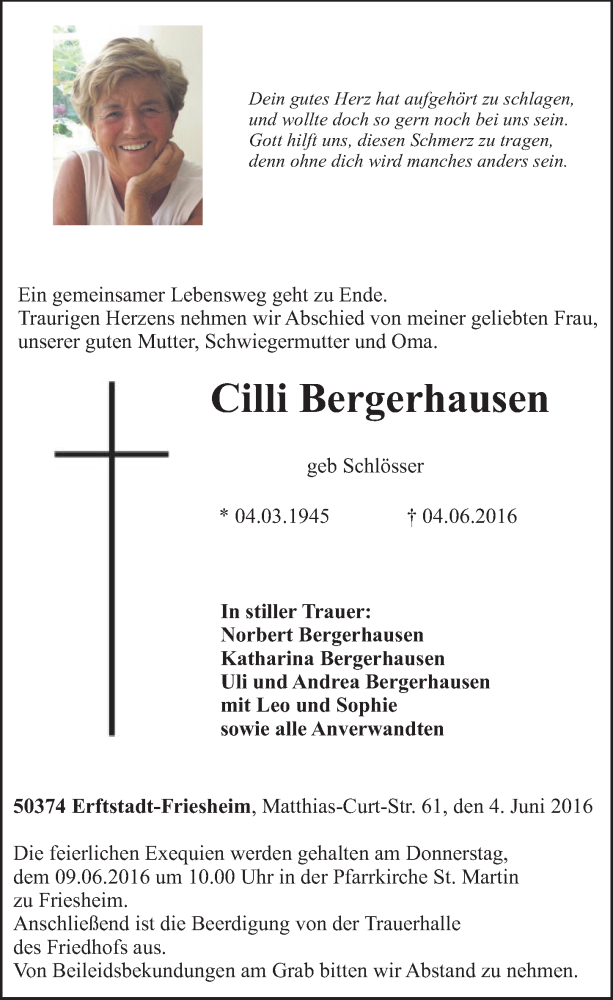  Traueranzeige für Cilli Bergerhausen vom 08.06.2016 aus  Werbepost 