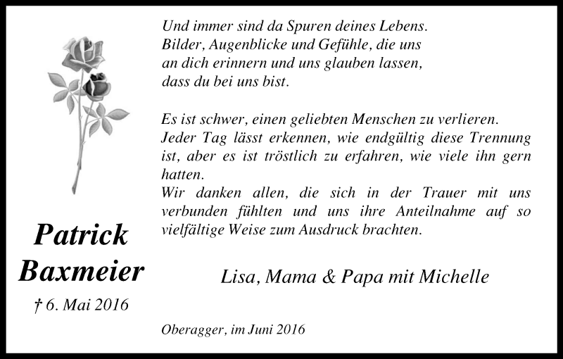  Traueranzeige für Patrick Baxmeier vom 25.06.2016 aus Kölner Stadt-Anzeiger / Kölnische Rundschau / Express