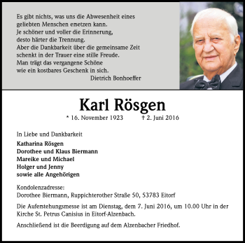 Anzeige von Karl Rösgen von Kölner Stadt-Anzeiger / Kölnische Rundschau / Express