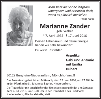 Anzeige von Marianne Zander von  Sonntags-Post 