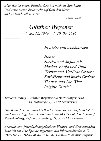 Anzeige von Günther Wegener von Kölner Stadt-Anzeiger / Kölnische Rundschau / Express