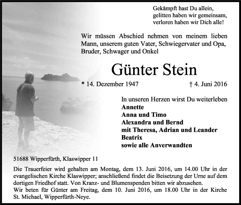  Traueranzeige für Günter Stein vom 08.06.2016 aus Kölner Stadt-Anzeiger / Kölnische Rundschau / Express