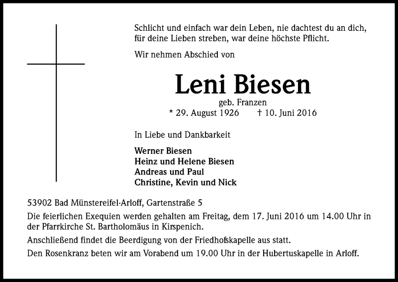  Traueranzeige für Leni Biesen vom 14.06.2016 aus Kölner Stadt-Anzeiger / Kölnische Rundschau / Express