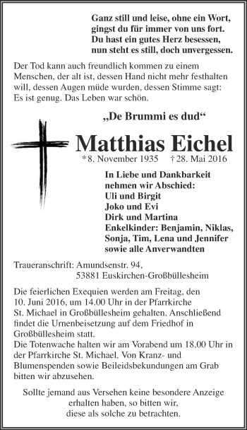 Anzeige von Matthias Eichel von  Blickpunkt Euskirchen 