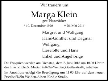 Anzeige von Marga Klein von Kölner Stadt-Anzeiger / Kölnische Rundschau / Express