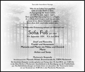 Anzeige von Sofia Fuß von Kölner Stadt-Anzeiger / Kölnische Rundschau / Express