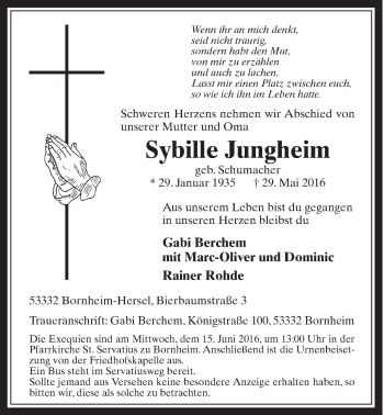 Anzeige von Sybille Jungheim von  Schaufenster/Blickpunkt 