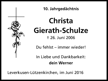 Anzeige von Christa Gierath-Schulze von Kölner Stadt-Anzeiger / Kölnische Rundschau / Express