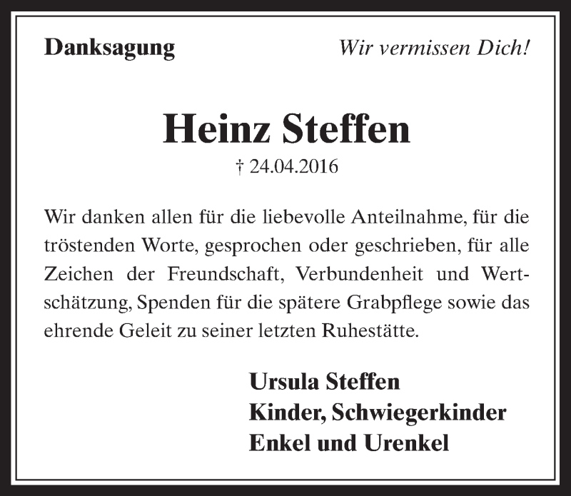  Traueranzeige für Heinz Steffen vom 04.06.2016 aus  Sonntags-Post 