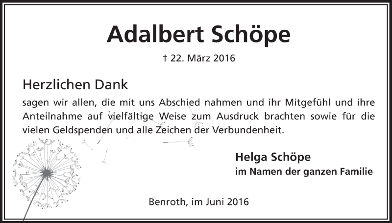  Traueranzeige für Adalbert Schöpe vom 08.06.2016 aus  Lokalanzeiger 
