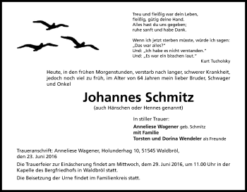 Anzeige von Johannes Schmitz von Kölner Stadt-Anzeiger / Kölnische Rundschau / Express