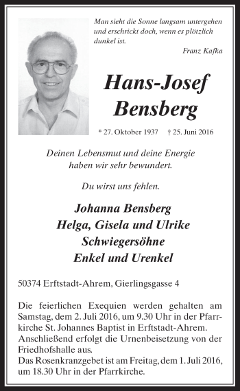 Anzeige von Hans-Josef Bensberg von  Werbepost 