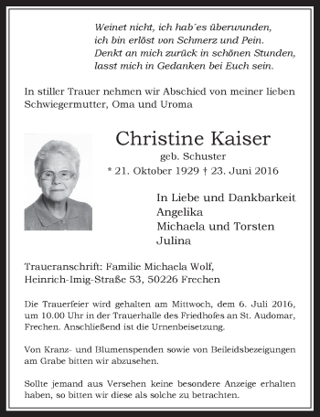 Anzeige von Christine Kaiser von  Wochenende 