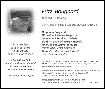 Anzeige von Fritz Bougnard von Kölner Stadt-Anzeiger / Kölnische Rundschau / Express