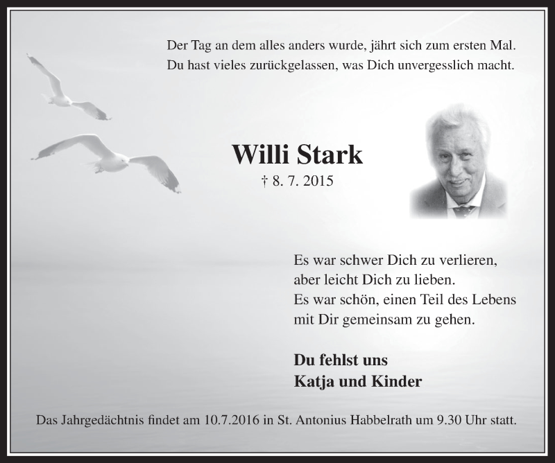  Traueranzeige für Willi Stark vom 29.06.2016 aus  Wochenende 