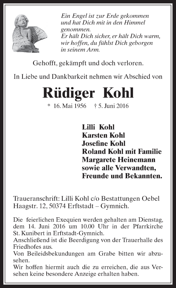  Traueranzeige für Rüdiger Kohl vom 11.06.2016 aus  Sonntags-Post 