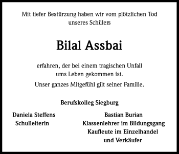 Anzeige von Bilal Assbai von Kölner Stadt-Anzeiger / Kölnische Rundschau / Express