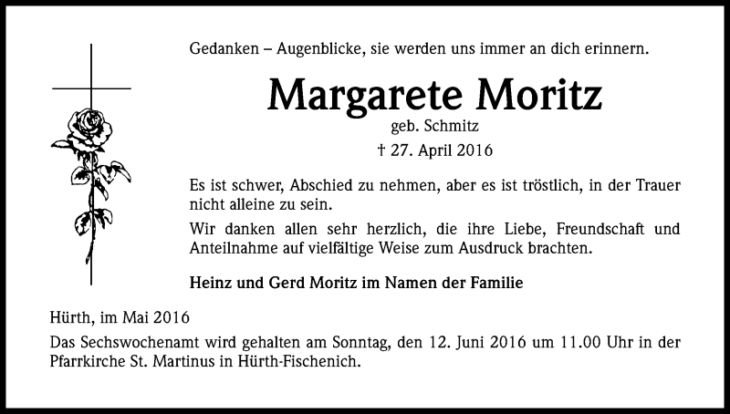 Traueranzeige für Margarete Moritz vom 04.06.2016 aus Kölner Stadt-Anzeiger / Kölnische Rundschau / Express