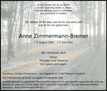 Anzeige von Anne Zimmermann-Bremer von Kölner Stadt-Anzeiger / Kölnische Rundschau / Express