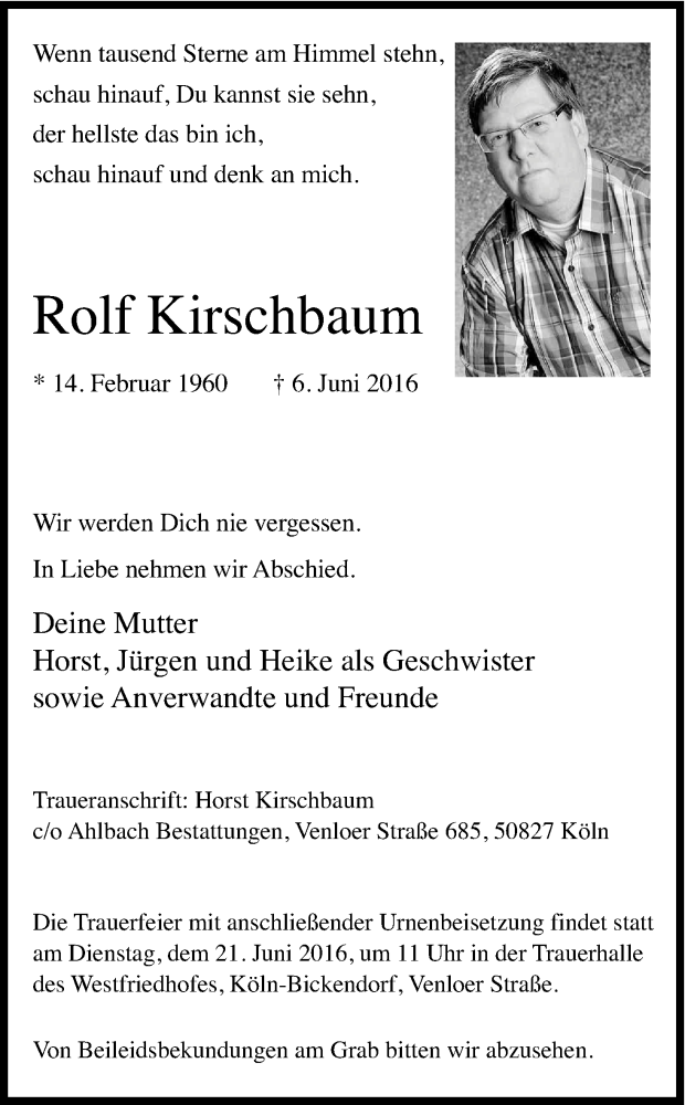  Traueranzeige für Rolf Kirschbaum vom 18.06.2016 aus Kölner Stadt-Anzeiger / Kölnische Rundschau / Express