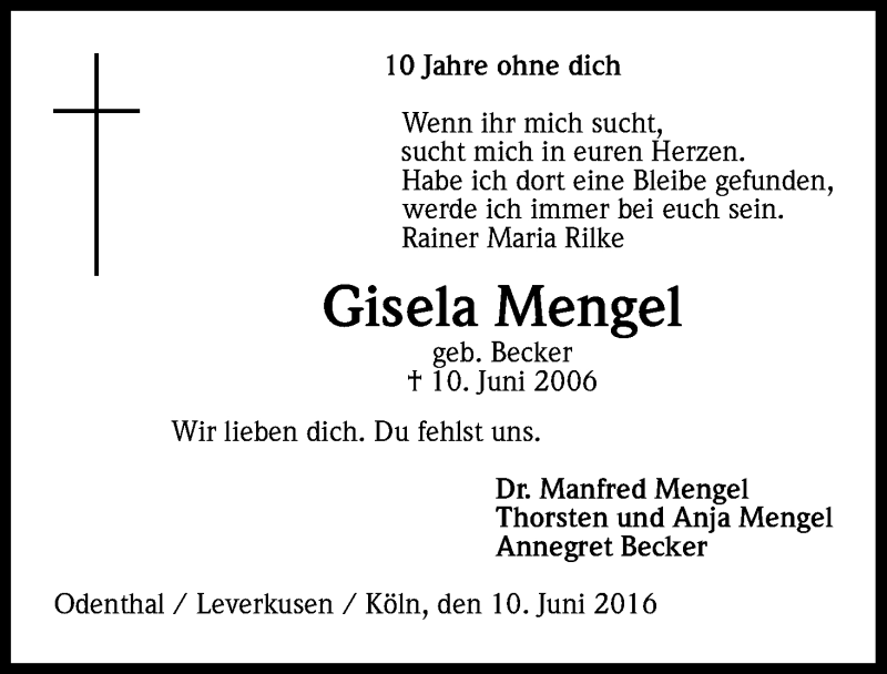  Traueranzeige für Gisela Mengel vom 10.06.2016 aus Kölner Stadt-Anzeiger / Kölnische Rundschau / Express