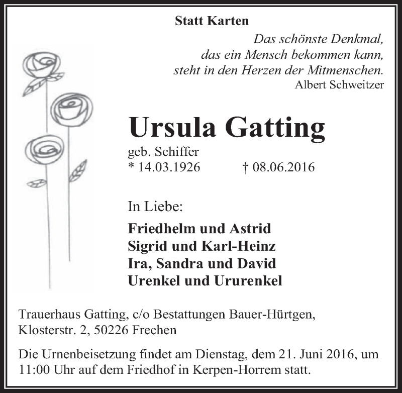  Traueranzeige für Ursula Gatting vom 18.06.2016 aus  Sonntags-Post 