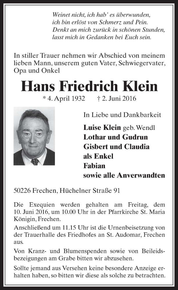  Traueranzeige für Hans Friedrich Klein vom 08.06.2016 aus  Wochenende 