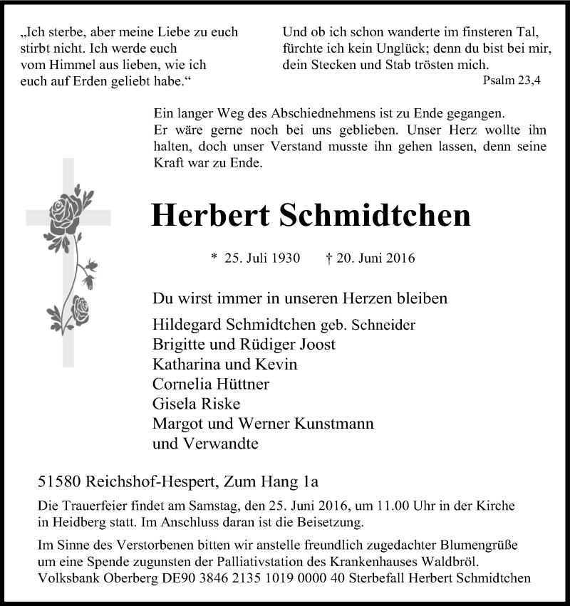  Traueranzeige für Herbert Schmidtchen vom 23.06.2016 aus Kölner Stadt-Anzeiger / Kölnische Rundschau / Express