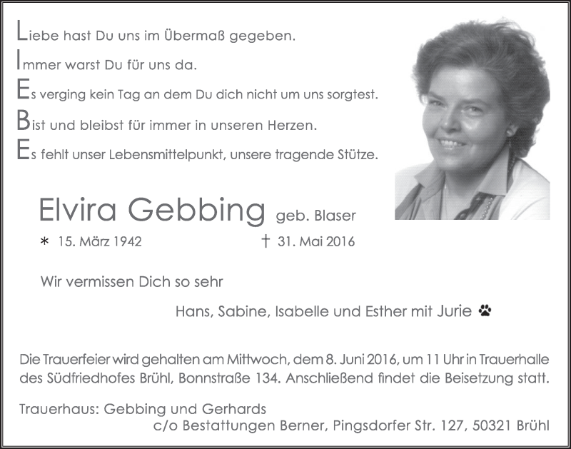  Traueranzeige für Elvira Gebbing vom 08.06.2016 aus  Schlossbote/Werbekurier 