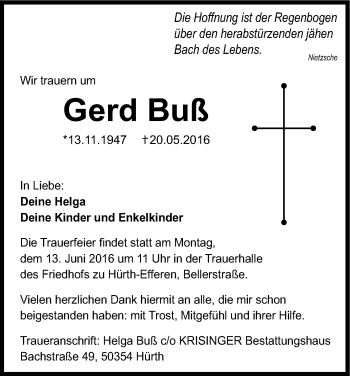 Anzeige von Gerd Buß von Kölner Stadt-Anzeiger / Kölnische Rundschau / Express