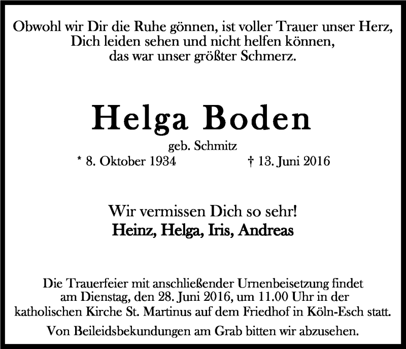  Traueranzeige für Helga Boden vom 18.06.2016 aus Kölner Stadt-Anzeiger / Kölnische Rundschau / Express