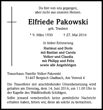 Anzeige von Elfriede Pakowski von Kölner Stadt-Anzeiger / Kölnische Rundschau / Express
