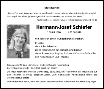 Anzeige von Hermann-Josef Schiefer von Kölner Stadt-Anzeiger / Kölnische Rundschau / Express