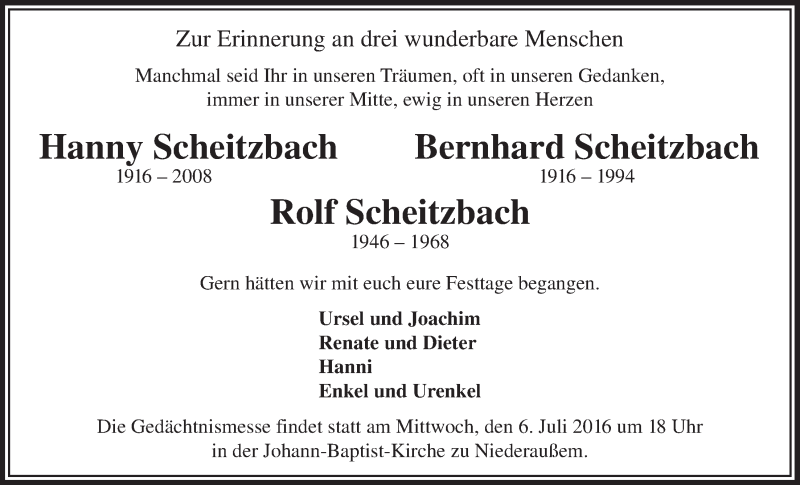  Traueranzeige für Hanny, Bernhard und Rolf Scheitzbach vom 08.06.2016 aus  Werbepost 