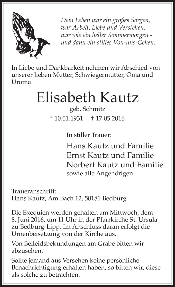  Traueranzeige für Elisabeth Kautz vom 04.06.2016 aus  Sonntags-Post 