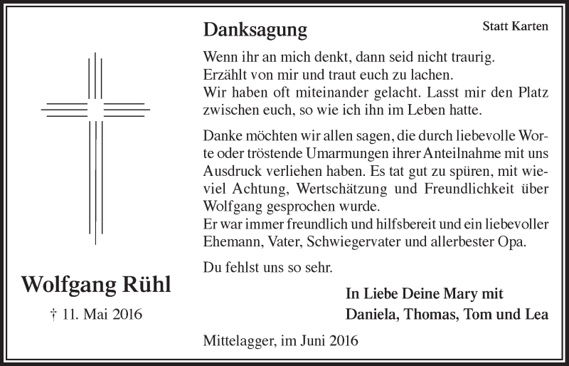  Traueranzeige für Wolfgang Rühl vom 29.06.2016 aus  Anzeigen Echo 