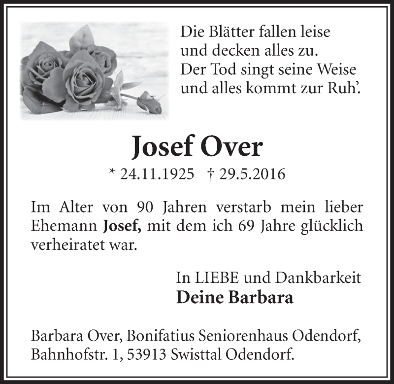  Traueranzeige für Josef Over vom 22.06.2016 aus  Schlossbote/Werbekurier 
