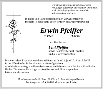 Anzeige von Erwin Pfeiffer von  Leverkusener Wochenende 